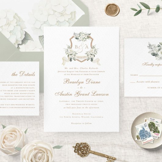 ホワイトフローラグリーナリーセージ結婚モノグラムクレスト 招待状