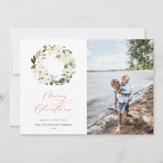 ホワイトフローラグリーナリーリースクリスマスフォト シーズンカード (正面)