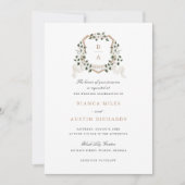 ホワイトフローラグリーンアイビーモノグラム結婚クレスト 招待状 (正面)