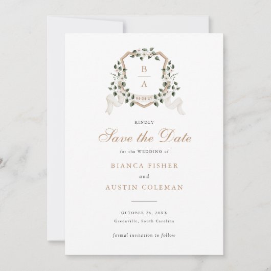 ホワイトフローラグリーンアイビー結婚クレスト救の日付 招待状 (正面)