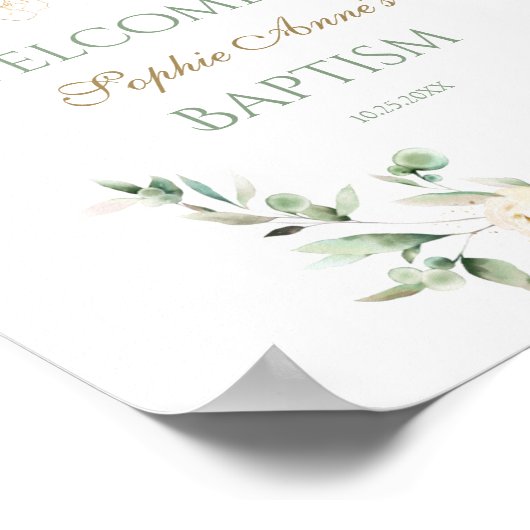 ホワイトフローラグリーンバプテスムウェルカムサイン ポスター (角)