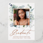 ホワイトフローラグリーンフォイル卒業発表 箔招待状 (正面)