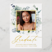 ホワイトフローラグリーンフォイル卒業発表 箔招待状 (正面)