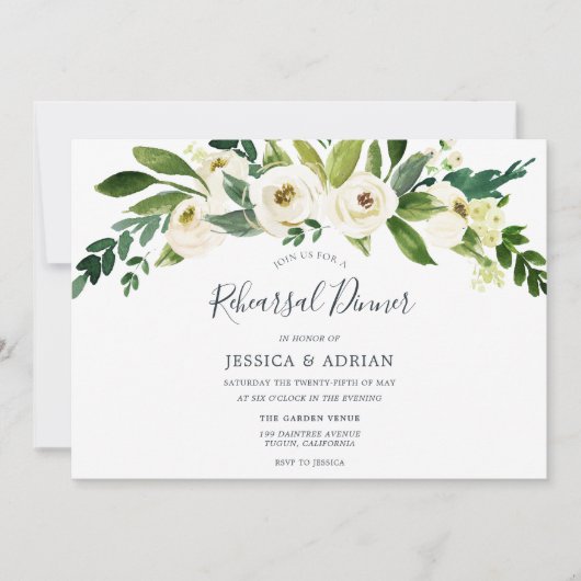 ホワイトフローラグリーンリーフリハーサルディナー招待状 招待状 (正面)