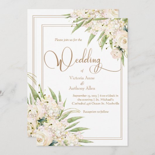 ホワイトフローラグリーンリーボタニカルエレガントな結婚式 招待状 (正面/裏面)