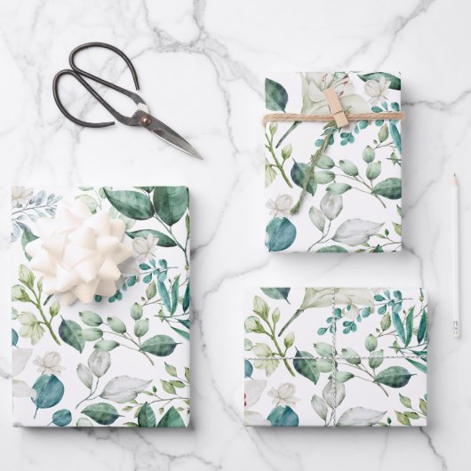 ホワイトフローラグリーン結婚ブライダルシャワー ラッピングペーパーシート (正面)