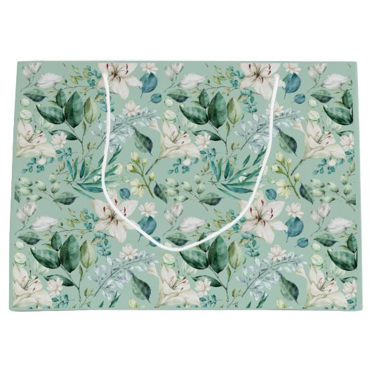 ホワイトフローラグリーン結婚ブライダルシャワー ラージペーパーバッグ (正面)