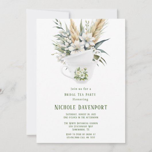 ホワイトフローラグリーン色彩の鮮やかブライダルティーパーティー 招待状 (正面)