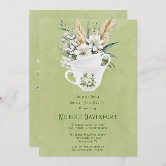 ホワイトフローラグリーン色彩の鮮やかブライダルティーパーティー 招待状 (正面/裏面)