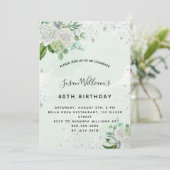ホワイトフローラシルバーの緑の誕生日の贅沢 招待状 (スタンド正面)
