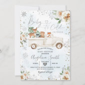 ホワイトフローラシルバースノーフレークトラックベビーシャワー 招待状 (正面)