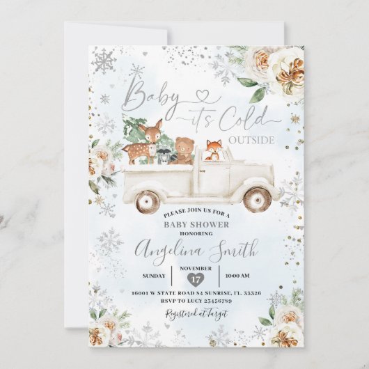 ホワイトフローラシルバースノーフレークトラックベビーシャワー 招待状 (正面)