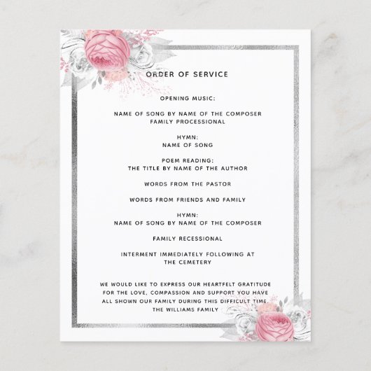 ホワイトフローラシルバーピンク写真葬儀プログラム (裏面)
