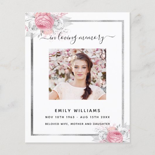 ホワイトフローラシルバーピンク写真葬儀プログラム (正面)