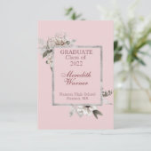 ホワイトフローラシルバーフレーム付きピンク卒業 案内状 (スタンド正面)