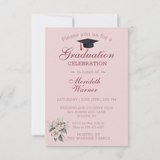 ホワイトフローラシルバーフレーム付きピンク卒業 案内状