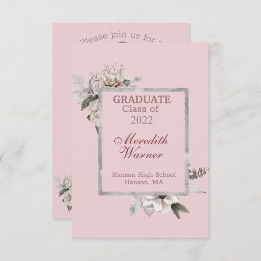 ホワイトフローラシルバーフレーム付きピンク卒業 案内状 (正面/裏面)