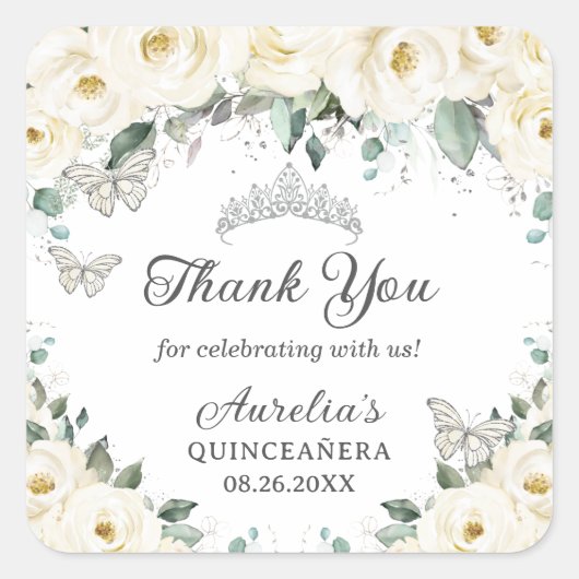 ホワイトフローラシルバー蝶プリンセスティアラ スクエアシール (正面)