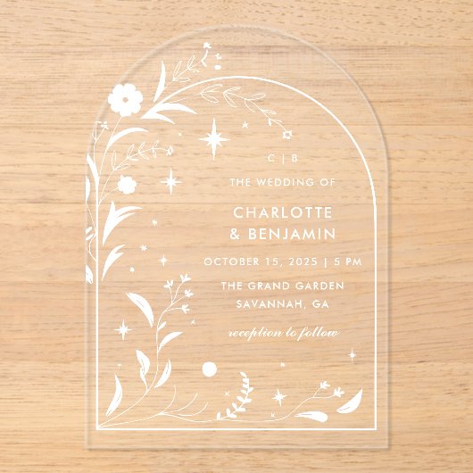 ホワイトフローラスターリーナイトアー結婚チズ アクリル招待状 (正面)