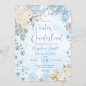 ホワイトフローラスノーフレークウィンターオネダーランド誕生日 招待状 (正面/裏面)