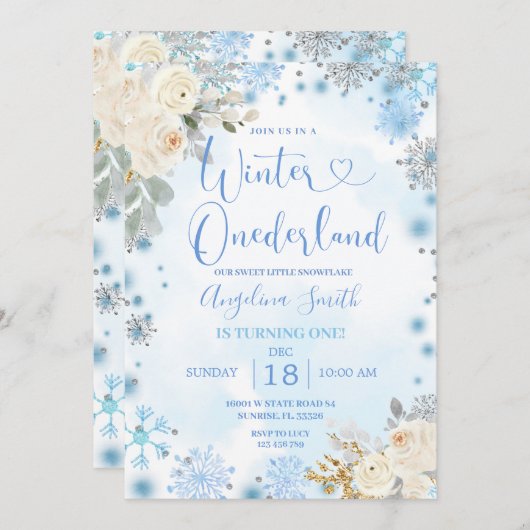 ホワイトフローラスノーフレークウィンターオネダーランド誕生日 招待状 (正面/裏面)