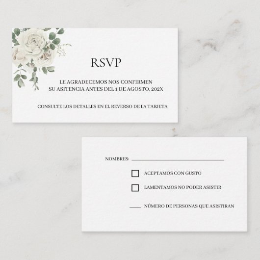 ホワイトフローラスペインのウェディングRSVPカード エンクロージャーカード (正面/裏面)