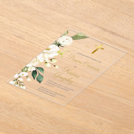 ホワイトフローラスペインのファースト招待状 アクリル招待状 (レイダウン)