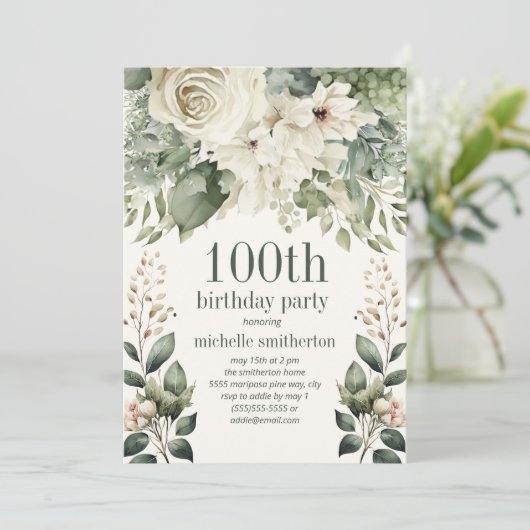 ホワイトフローラセージ葉グリーン誕生日100 招待状 (スタンド正面)