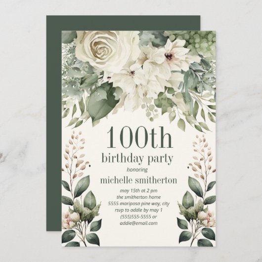 ホワイトフローラセージ葉グリーン誕生日100 招待状 (正面/裏面)