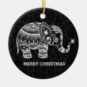 ホワイトフローラゾウOnブラックダマスク セラミックオーナメント (正面)