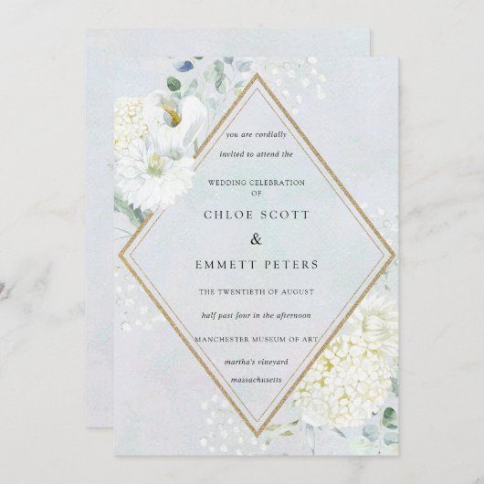 ホワイトフローラダスティブルーウォーター結婚カラー 招待状 (正面/裏面)