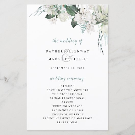 ホワイトフローラダスティブルーセージグリーン結婚式 プログラム (正面)