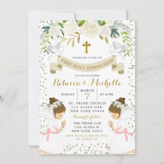 ホワイトフローラツインガールファースト聖餐式 招待状 (正面)