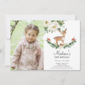 ホワイトフローラディアファウンウッドランド誕生日写真 招待状 (正面)