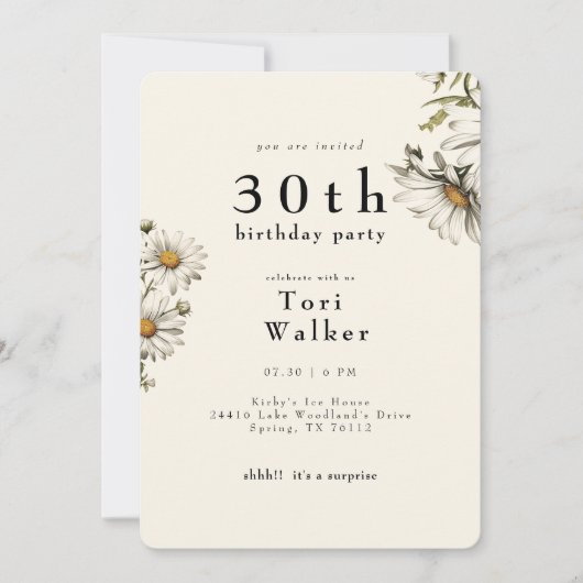 ホワイトフローラデイジークリームラウンドバースデーパーティー 招待状 (正面)