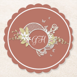 ホワイトフローラデザインバタフライラブルモノグラムの ペーパーコースター