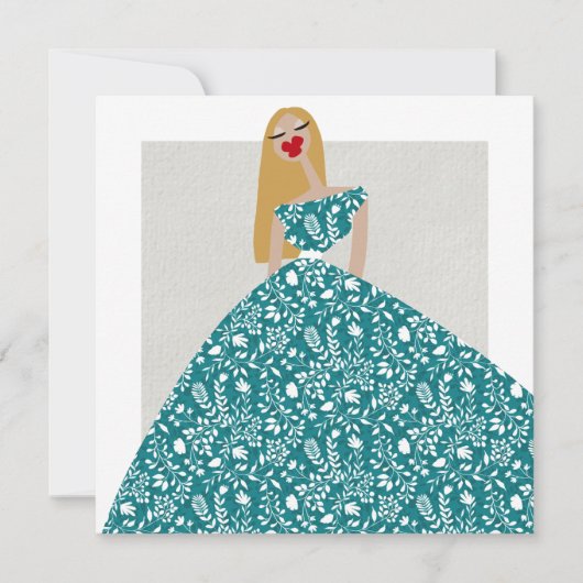 ホワイトフローラドレスファッションイラストレーションカード 招待状 (正面)