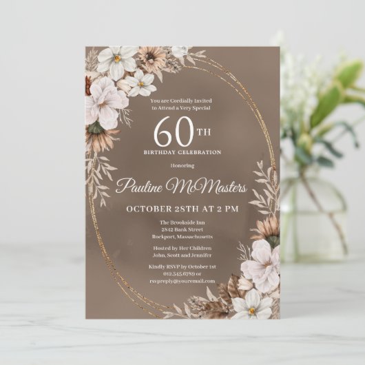 ホワイトフローラニュートラル秋ブーケ60誕生日 招待状 (スタンド正面)