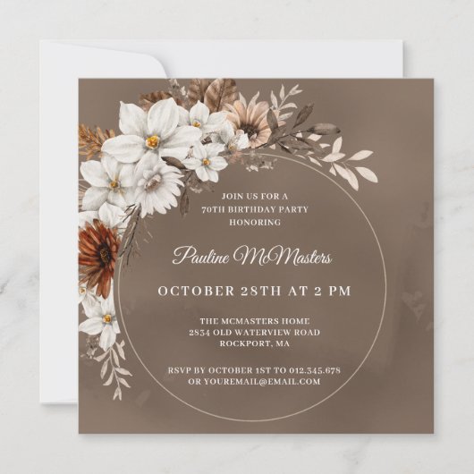 ホワイトフローラニュートラル秋70th誕生日スクエア 招待状 (正面)