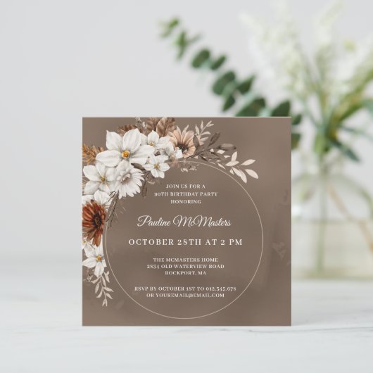 ホワイトフローラニュートラル秋90th誕生日スクエア 招待状 (スタンド正面)