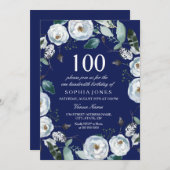 ホワイトフローラネイビーブルー100番目の誕生日招待状 招待状 (正面/裏面)