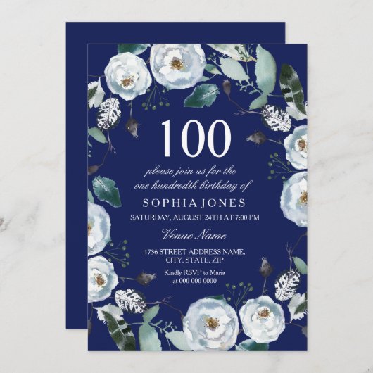 ホワイトフローラネイビーブルー100番目の誕生日招待状 招待状 (正面/裏面)