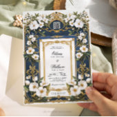 ホワイトフローラネイビーブルー&金ゴールド結婚式招待状 招待状