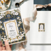 ホワイトフローラネイビーブルー&金ゴールド結婚式招待状 招待状