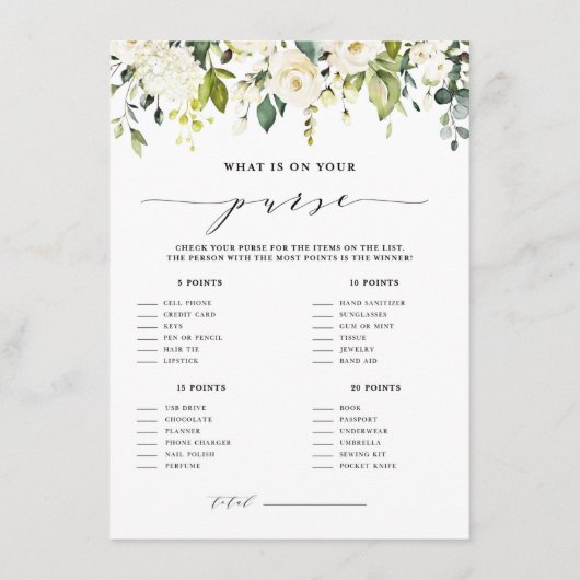 ホワイトフローラハンドバッグシャワーゲームの内容 エンクロージャーカード (正面)