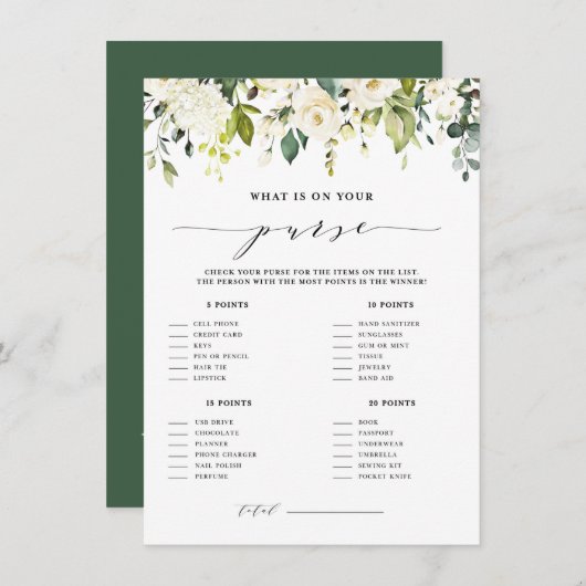 ホワイトフローラハンドバッグシャワーゲームの内容 エンクロージャーカード (正面/裏面)