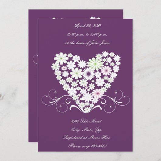 ホワイトフローラハートブライダルシャワーの招待 招待状 (正面/裏面)