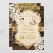 ホワイトフローラバプテスツインボーイ&ガール1st誕生日 招待状 (正面/裏面)