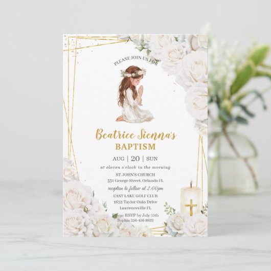 ホワイトフローラバプテスマ祈《キリスト教》洗礼式や命名式ズガール 招待状 (スタンド正面)