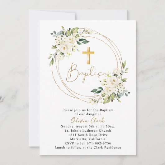 ホワイトフローラバプテスマ《キリスト教》洗礼式や命名式金ゴールドフレーム 招待状 (正面)